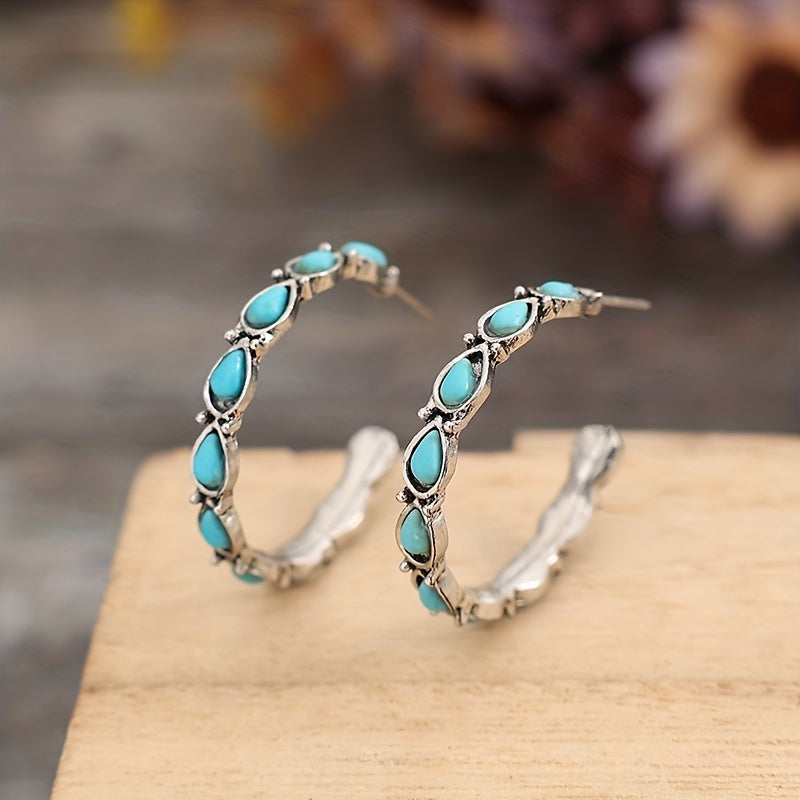 C Shape Turquoise Decor Retro Elegant Hoop Earrings