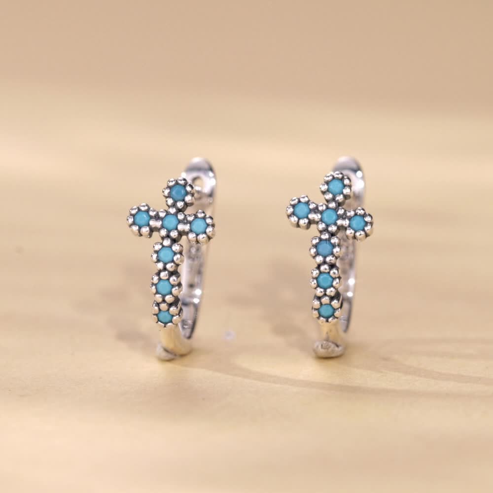 Sterling 925 Silver Cross Pattern Turquoise Hoop Earrings