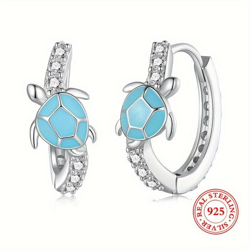 Sterling 925 Silver Cute Turtle Design Blue Hoop Earrings