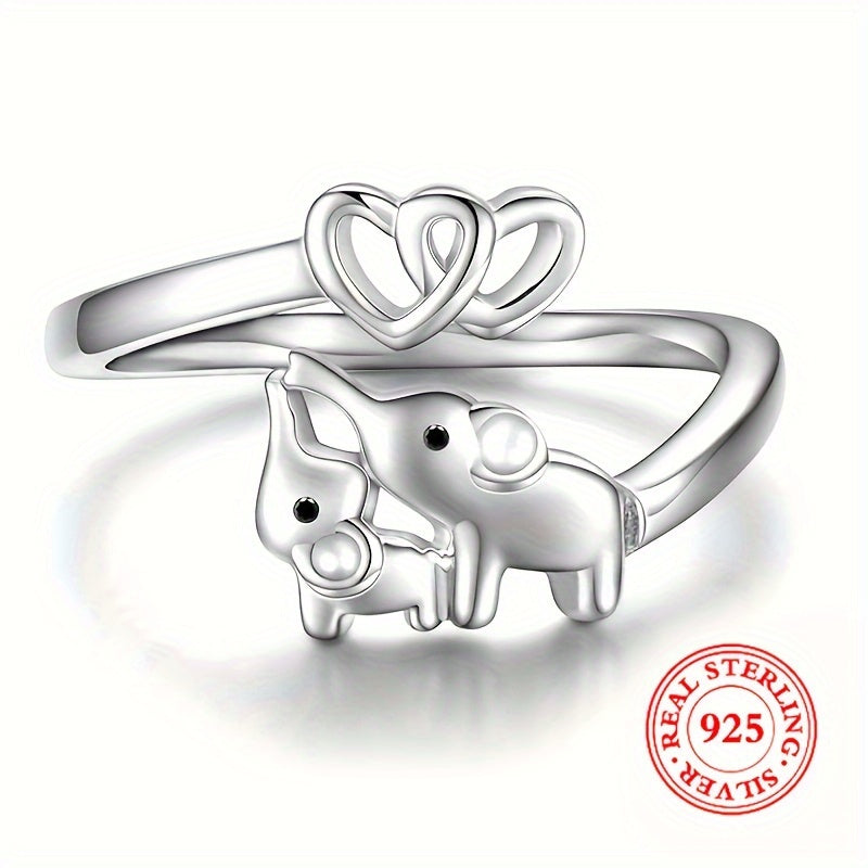 925 Sterling Silver Cute Elephant & Heart Wrap Ring